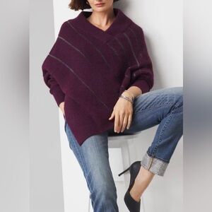 White House Black Market Deep Plum Purple Pull Over Meta Stripe Poncho Sweater